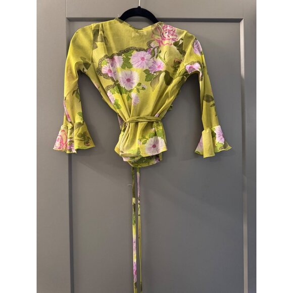 Sharagano Paris Green Floral Ruffled Sheer Wrap Top With Tie Closure Womens Smal - Picture 5 of 7